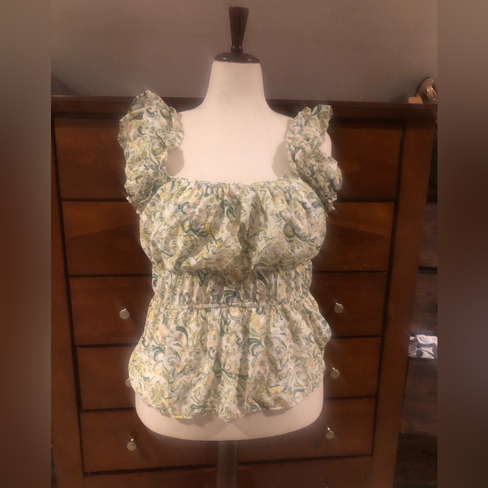 Floral Smocked Ruffle Strap Tank Top - White & Green